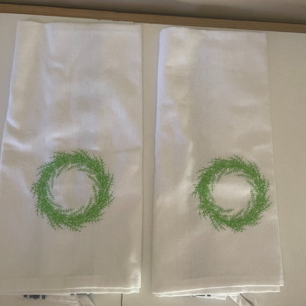 NEW - Hand Made Embroidered Cotton Dish Towel Green Wreath White Background